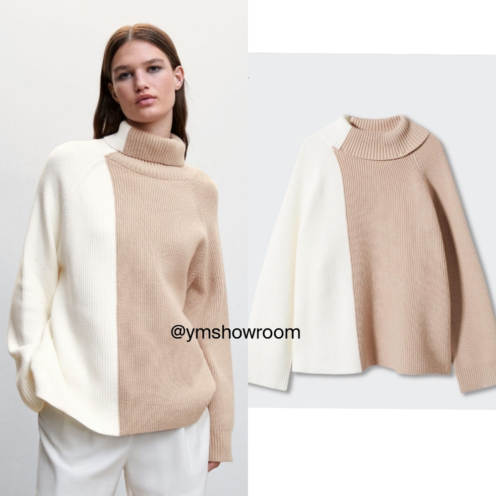 Mango Beige and Cream Women's Turtleneck Sweater